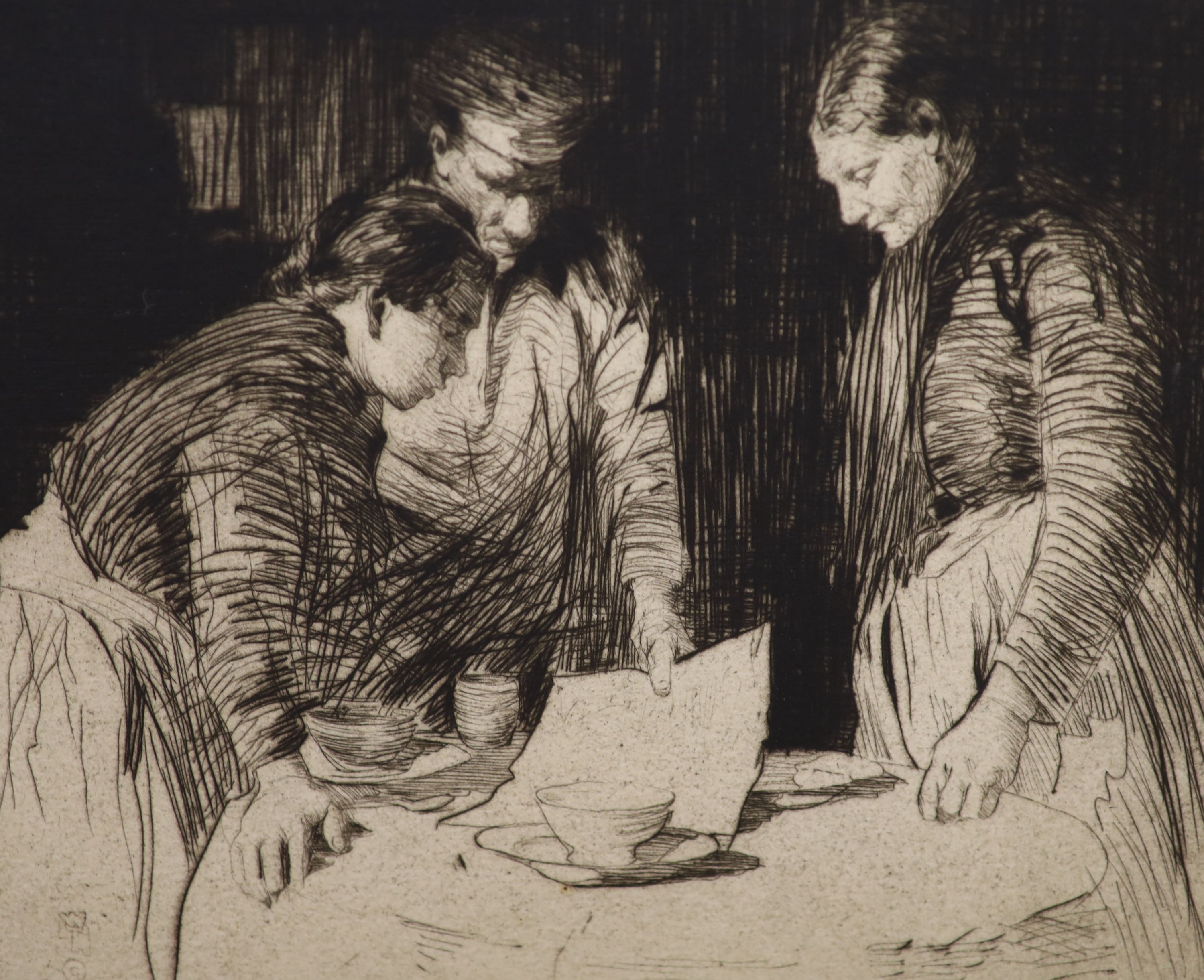 William Lee Hankey, RWS, RI, ROI, RE, NS, (1869-1952), etching, Figures around a table, signed in pencil, 20 x 24cm, unframed